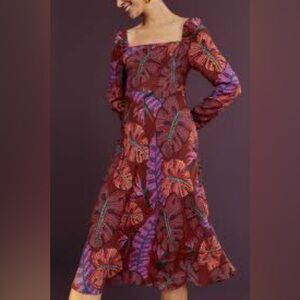 FARM RIO | Size M | Red Delicate Leaves Midi Dress